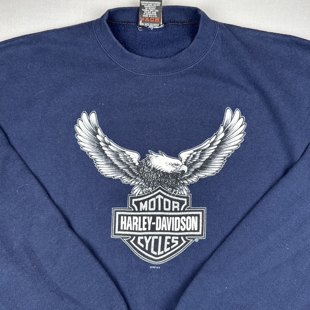 Vintage 90s Harley Davidson Sweatshirt Eagle Wings Logo Navy USA Made Large